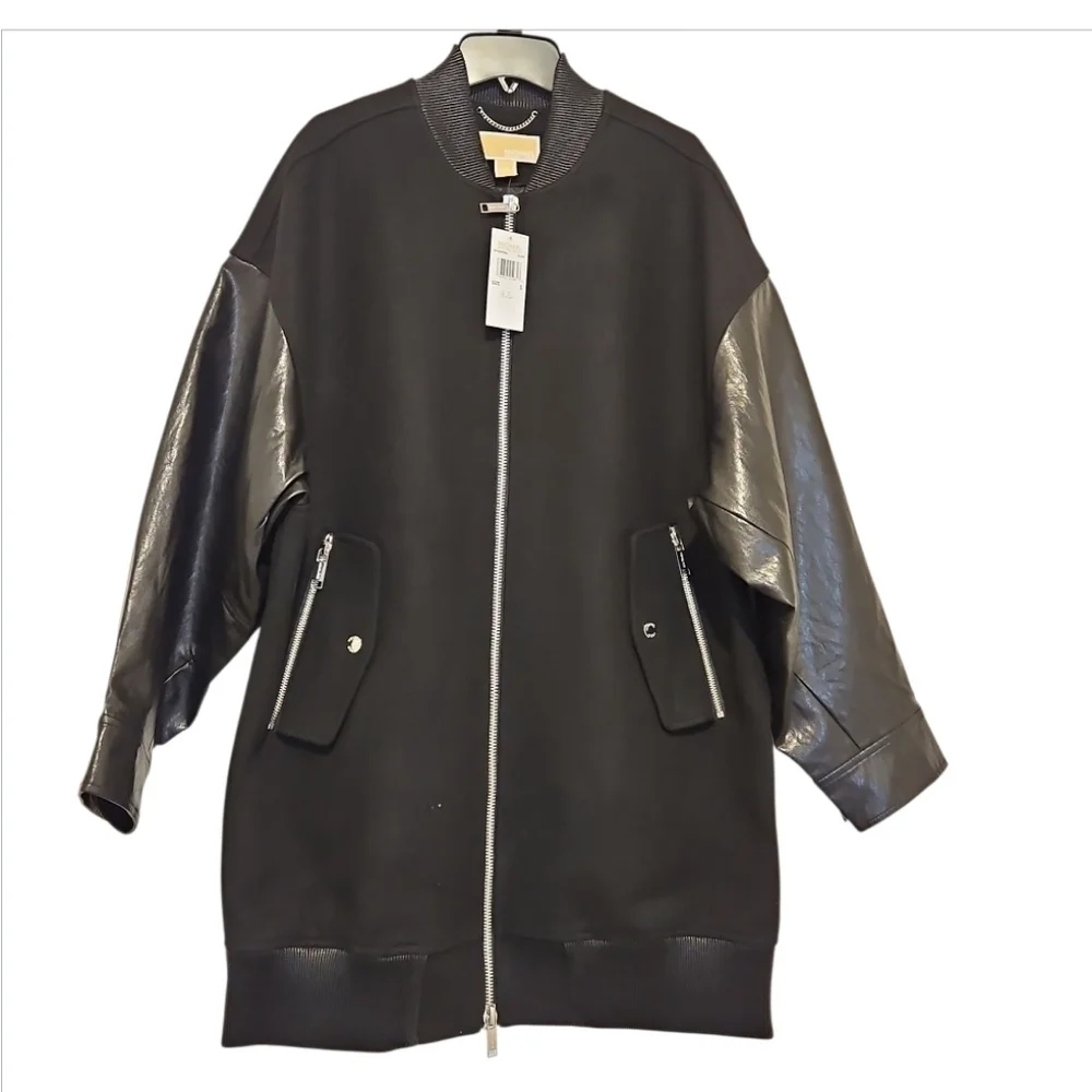NWT Michael Kors Black Oversized Mixed Media Faux Leather Bomber Jacket S